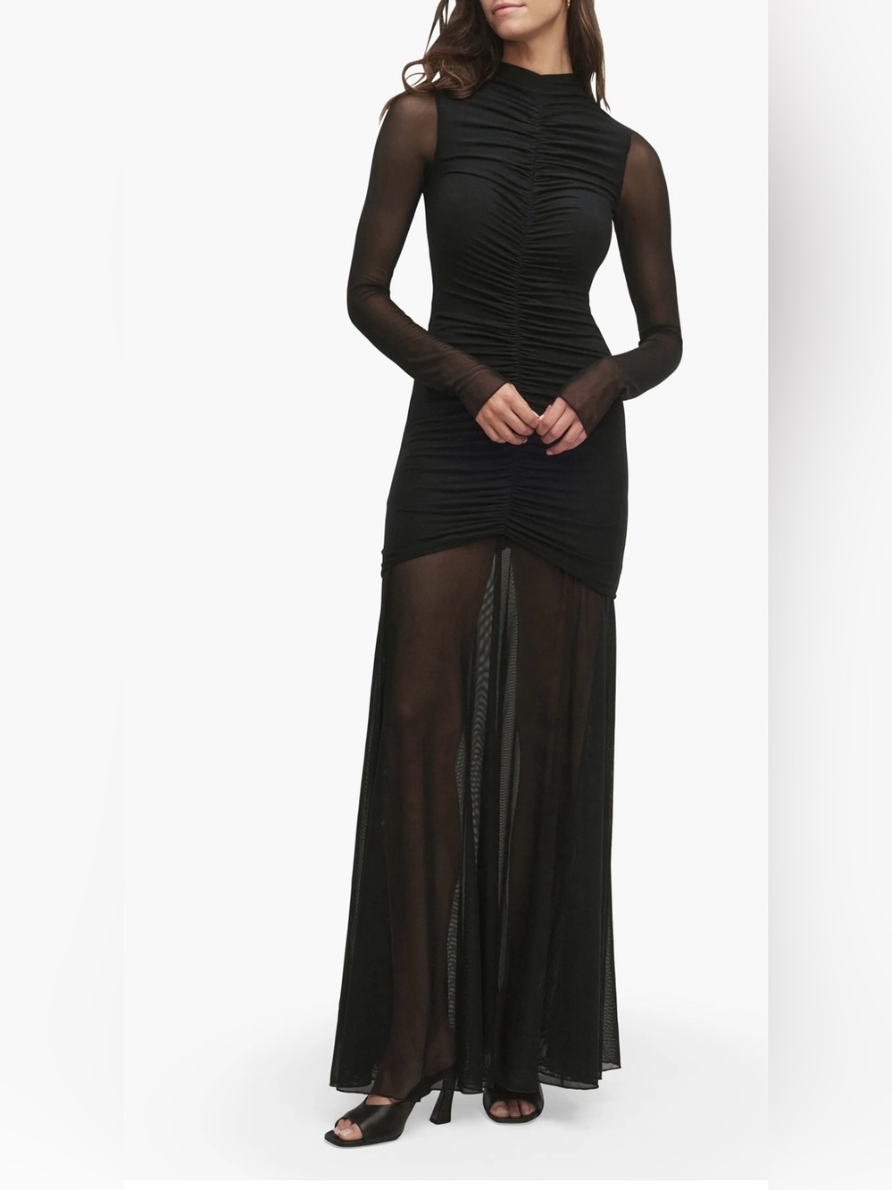NWT 🖤 Favorite Daughter Black Ruched Mesh Long Sleeve Maxi Dress size M